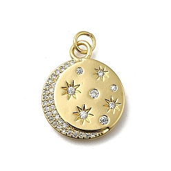 Настоящее золото 18K Латунные микро проложить кубического циркония подвески, плоские круглые со звездой, без кадмия и без свинца, стойки покрытие, долговечный, с целью перехода в кольце, реальный 18 k позолоченный, 21x17.5x2 мм, отверстие : 3.4 мм
