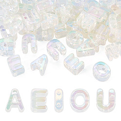 Clear 50Pcs 5 Styles UV Plating Rainbow Iridescent Acrylic Beads, Initial Beads, A E I O U, Clear, 20.5~21x8.5~18x13.5~14mm, Hole: 6mm, 10pcs/style