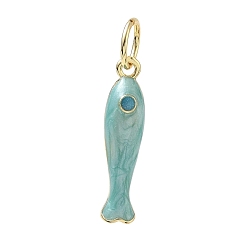 Aguamarina Colgantes de esmalte de bronce, encantos de pescado, con anillo de salto, larga duración plateado, chapado en rack, sin plomo y el cadmio, real 18 k chapado en oro, agua, 27x6x7 mm, agujero: 6 mm