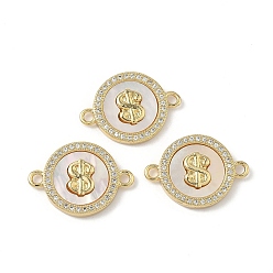 Настоящее золото 18K Латунные микро-паве прозрачные кубические цирконии и натуральные ракушки плоские круглые подвески с соединителем в виде знака доллара, долговечный, без свинца и без кадмия, стойки покрытие, цвет морской раковины, реальный 18 k позолоченный, 15.5x21.5x2.5 мм, отверстие : 1.8 мм