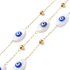 Real 18K Gold Plated Ion Plating(IP) 304 Stainless Steel Link Chains, with Shell & Enamel & Spool, Soldered, Real 18K Gold Plated, 2x0.7x0.2mm, Horse Eye: 11.5x6x4mm, about 32.81 Feet(10m)/Roll