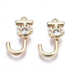 Letter J Латунные подвески, со стразами, без кадмия, без никеля и без свинца, алфавит, золотые, letter.j, 18x11x2.5 мм, отверстие : 1 мм