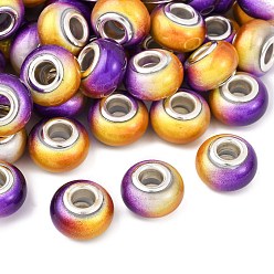 Фиолетовый Двухцветные непрозрачные европейские бусины-рондель из смолы, с двойных ядер серебрянного цвета, бусины с большим отверстием, фиолетовые, 14x8.5 мм, отверстие : 5 мм
