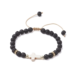 Cross Регулируемые браслеты из круглых бусин из натуральной лавы диаметром 6 мм, плетеные из бусин, Летние пляжные браслеты из синтетической бирюзы для женщин, крестик, внутренний диаметр: 2~3 дюйм (5~7.6 см), крест: 15.5x12.5x4 мм