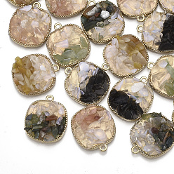 Mixed Color Natural Gemstone Chips Pendants, with Alloy Findings, Square, Light Gold, Mixed Color, 23x20x5mm, Hole: 1.8mm