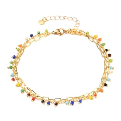 Colorful 2 Layered Brass Curb Chains Anklets, with Handmade Glass Beaded Chains & Paperclip Chains, 304 Stainless Steel Heart Charms, Lobster Claw Clasps, Colorful, 9-1/4 inch(23.5cm)