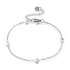Stainless Steel Color Tarnish Resistant 304 Stainless Steel Cable Chain Anklets, with Heart Links and Lobster Claw Clasps, Stainless Steel Color, 8-7/8 inch(22.5cm)