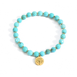 Synthetic Turquoise 6.2MM Faceted Round Synthetic Turquoise Beaded Stretch Bracelets, 304 Stainless Steel Tree of Life Charm Brecelets for Women, Golden, 7.48 inch(19cm)