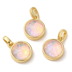 Pink Rack Plating Brass with Synthetic Opal Pendants, Cadmium Free & Lead Free, Flat Round, Pink, 14.5x11.5x6.5mm, Hole: 5mm