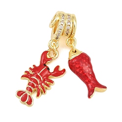Roja Cuentas colgantes de latón con micro pavé de circonitas cúbicas transparentes, langosta y pescado, con esmalte, chapado en rack, larga duración plateado, sin plomo y el cadmio, rojo, 33 mm, agujero: 3 mm