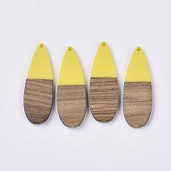 Yellow Resin & Walnut Wood Big Pendants, Teardrop, Yellow, 57x19x3~4mm, Hole: 2mm