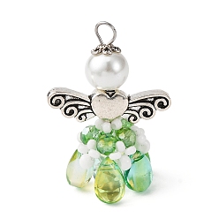 Зелено-Желтый Стеклянные подвески, ангел, с бусинами из сплава и 304 петлей из нержавеющей стали, зеленый желтый, 33x23.5x11.5 мм, отверстие : 3 мм