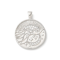 Платина Подвески из латуни с покрытием из прозрачного кубического циркония, долговечный, без свинца и без кадмия, плоские круглые с луной, платина, 24x19x4 мм, отверстие : 4x2 мм