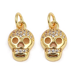Настоящее золото 18K Латунные микропаве прозрачные подвески с фианитом, без кадмия и без свинца, с целью перехода в кольце, череп прелести, реальный 18 k позолоченный, 13x8.5x3.5 мм, отверстие : 3 мм