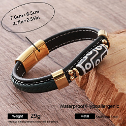 Green Vintage Two Tone Braided PU Leather Cord 9-Eye Tibetan Style dZi Rice Beads Bracelets, with 304 Stainless Steel Magnetic Clasps, Golden, Green, Inner Diameter: 2.76 inch(7cm)