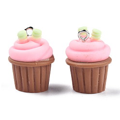 Pink Непрозрачные подвески смолы, имитация еды, с платиновыми железными петлями, кекс очарование, розовые, 22~22.5x16~16.5x16~16.5 мм, отверстие : 1.8 мм