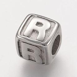 Letter R Устойчивые к потускнению 304 европейские бусины из нержавеющей стали, горизонтальное отверстие, бусины с большим отверстием, куб с letter.r, 8x8x8 мм, отверстие : 4 мм