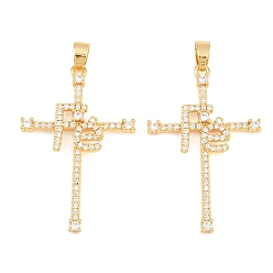 Real 18K Gold Plated Easter Brass Micro Pave Clear Cubic Zirconia Pendants, Christian Fe Cross Charms, Real 18K Gold Plated, 39x25.5x3mm, Hole: 5x3mm