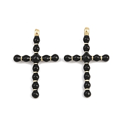 Черный Латунь эмаль подвески, крест прелести, стойки покрытие, без кадмия и без свинца, долговечный, реальный 18 k позолоченный, чёрные, 35.5x22.5x3.5 мм, отверстие : 2 мм
