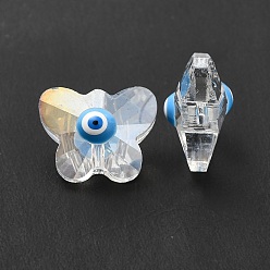 Blue Evil Eye Glass Butterfly Beads, with Enamel, Faceted, AB Color Plated, Blue, 12x15x9mm, Hole: 1.2mm