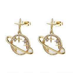 Real 16K Gold Plated Brass Micro Pave Clear Cubic Zirconia Dangle Stud Earrings, with Earring Backs, Nickel Free, Planet, Real 16K Gold Plated, 27x22mm, Pin: 0.8mm