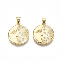 Real 18K Gold Plated Brass Micro Pave Clear Cubic Zirconia Pendants, Nickel Free, Flat Round with Abstract Face, Real 18K Gold Plated, 20.5x18x3mm, Hole: 3.5mm