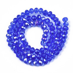 Blue Electroplate Glass Beads Strands, AB Color Plated, Faceted, Rondelle, Blue, 6x5mm, Hole: 1mm, about 85~88pcs/strand, 16.1~16.5 inch(41~42cm)