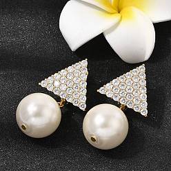 Настоящее золото 18K Треугольные латунные серьги-кольца с микропаве из прозрачного кубического циркония, с подвесками из стеклянных жемчужин, долговечный, стойки покрытие, без свинца и без кадмия, реальный 18 k позолоченный, 36.5x19.5 мм