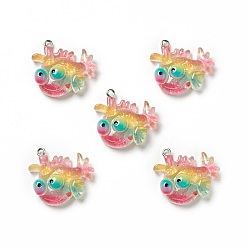 Fish Подвески из прозрачной смолы на тему океана, с блестящей пудрой и железными петлями платинового тона, очарование морских животных, красочный, узор рыбы, 26x28x9 мм, отверстие : 2 мм