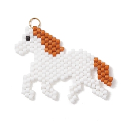 Белый Подвески из стеклянного бисера Miyuki Delica, лошади прелести, с 304 нержавеющей стали, реальный 18 k позолоченный, белые, 28x35x2 мм, Перейти кольцо: 4x0.5 мм, Внутренний диаметр: 3 мм.