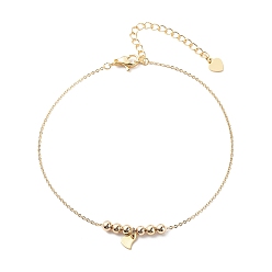 Golden Brass Cable Chains Anklets, with 201 Stainless Steel Heart Charms and Brass Round Beads, Golden, 9"(23cm)