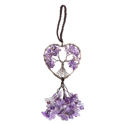 Amethyst Wire Wrapped Chips Natural Amethyst Big Pendant Decorations, with Red Copper Plated Brass Wires and Nylon Cord, Heart with Tree of Life, 160mm