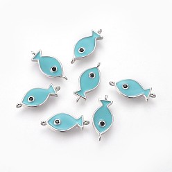 Платинированный Соединители латунные эмалевые звенья, долговечный, рыба, бирюзовые, Реальная платина, 16x7x1.5 мм, отверстие : 1 мм