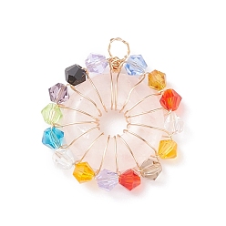 Rose Quartz Natural Rose Quartz Pendants, Donut/Pi Disc Charm, with Colorful Glass Beads and Real 18K Gold Plated Copper Wire Wrapped, 28x25x5mm, Hole: 3mm