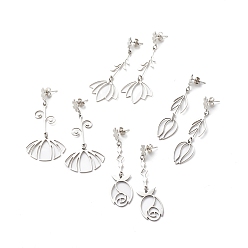 Stainless Steel Color Non-Tarnish 304 Stainless Steel Flower Long Dangle Stud Earrings for Women, Stainless Steel Color, 60~65mm, Pin: 0.7mm