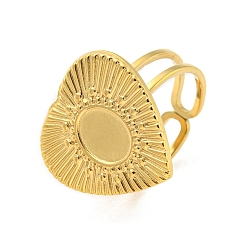 Настоящее золото 18K Ионное покрытие (IP) 304 Открытая манжета из нержавеющей стали, кольцо с кабошоном, сердце, реальный 18 k позолоченный, внутренний диаметр: 17 мм, лоток : 8x6 мм