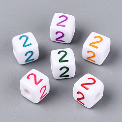 Number Непрозрачные акриловые европейские большие бусины, куб с числа 2, с эмалью, число, 9.5~10x9.5~10x9.5~10 мм, отверстие : 4 мм