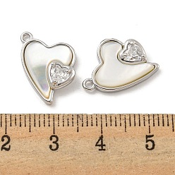 Real Platinum Plated Natural Freshwater Shell Pendants, Brass Pave Clear Glass Heart Charms, Real Platinum Plated, 16.5x12x5mm, Hole: 1.2mm