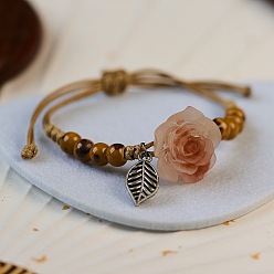 Верблюжий Керамические круглые бусины плетеные бусины браслеты, регулируемые браслеты из нейлонового шнура для женщин, с акриловым цветок, верблюжие, 4~9-7/8 дюйм (10~25 см)