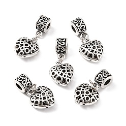 Antique Silver Alloy European Dangle Charms, Large Hole Pendants, Heart, Antique Silver, 36mm, Hole: 5mm