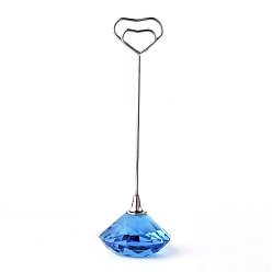 Deep Sky Blue Diamond Shape Glass Name Card Holder, Wedding Table Number Card Holders, with Iron Findings, Heart, Deep Sky Blue, 130mm