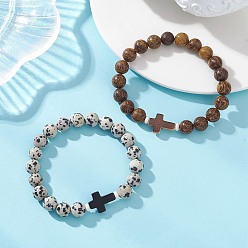 Далматинских Джаспер 2шт. 2 стили браслетов из натуральной далматинской яшмы и яшмы цвета слоновой кожи, бижутерия в виде креста из искусственной бирюзы для женщин и мужчин, круглый и крест, бусины : 8.5 мм, внутренний диаметр: 2.03 дюйм (5.15 см)