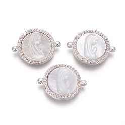 Платина Соединители из латуни с микропаве и кубическим цирконием, с оболочкой, плоские круглые с Девой Марией, прозрачные, платина, 15x20x3 мм, отверстие : 1.2 мм