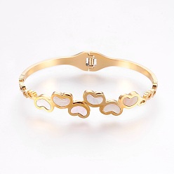 Golden 304 Stainless Steel Bangles, with White Shell, Heart, Golden, 1-3/4 inchx2-1/2 inch(4.6x6.4cm)
