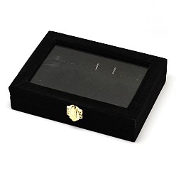 Negro Cajas de joyas de madera rectángulo, cubiertos con terciopelo, con vidrio y hierro cierres, negro, 20x15.7x4.7 cm