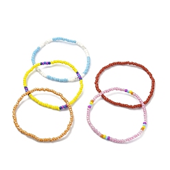 Mixed Color 5Pcs 5 Color Glass Seed Beaded Stretch Bracelets Set, Mixed Color, Inner Diameter: 2-1/8 inch(5.3cm), 1Pc/color