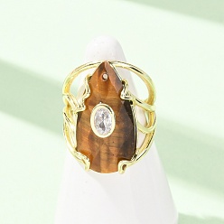 Tiger Eye Natural Tiger Eye Cuff Rings, Teardrop, Brass Pave Cubic Zirconia Cuff Open Rings, Faceted, Golden, 26.5mm, Inner Diameter: 18mm