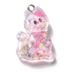 Pink Прозрачные смоляные подвески, с платиновой железной петлей и пудрой с блестками, кошка, розовые, 29x19x7.5 мм, отверстие : 2 мм