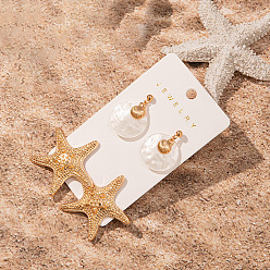 Плоский Круглый 2 пары серег-гвоздиков из цинкового сплава с имитацией жемчуга в форме морской звезды, золотые, плоско-круглые, 30 мм