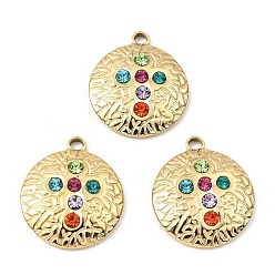 Настоящее золото 24K Ионное покрытие (IP) 316 нержавеющая сталь с подвесками из стразов, плоский круглый с подвеской в виде креста, реальный 24 k позолоченный, 22x19x3.5 мм, отверстие : 2.5 мм